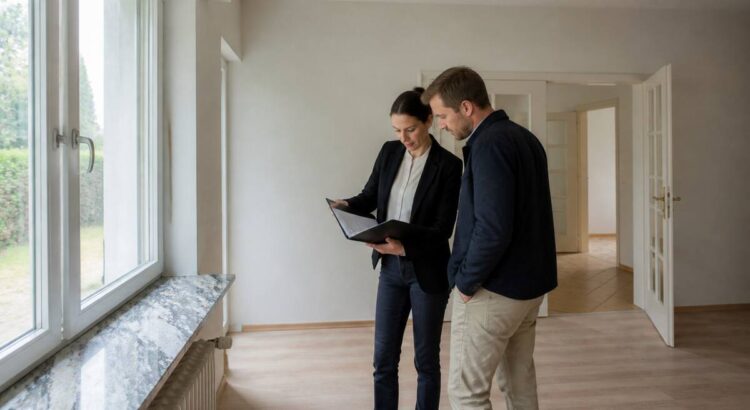 Koper en makelaar die notities maken tijdens een bezichtiging van een woning in Duitsland
