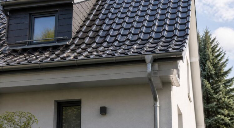 Duidelijke kijk op dak en goten van een woning in Duitsland, relevant voor onderhoudscheck tijdens bezichtiging.