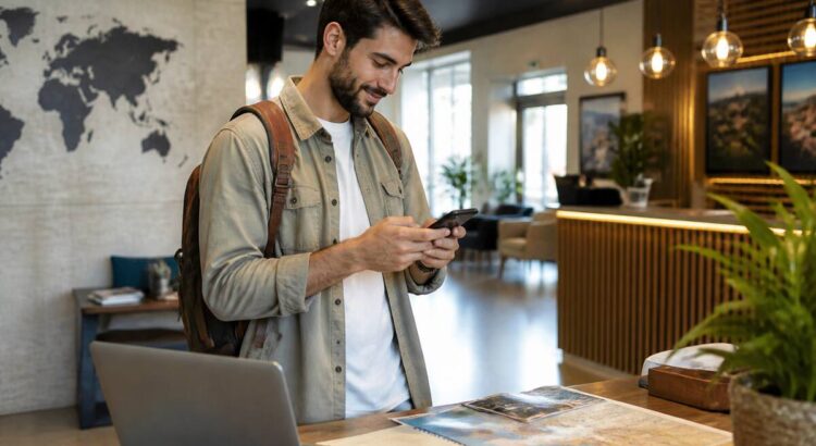 Een reiziger die op een smartphone vakanties vergelijkt in een reisomgeving, met reisdocumenten op tafel