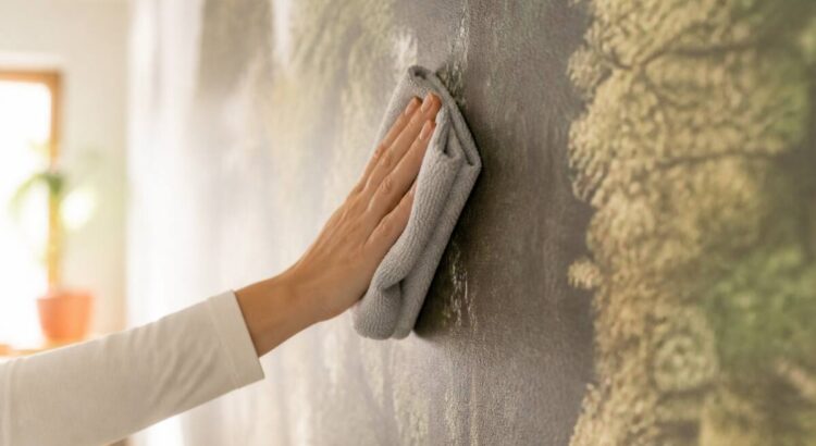 Zacht schoonmaken van fotobehang met een microvezeldoek om schade te voorkomen