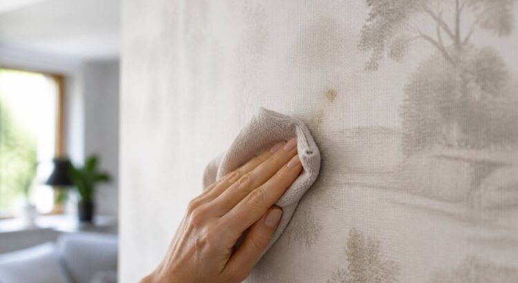 Iemand maakt fotobehang voorzichtig schoon met een zachte microvezeldoek