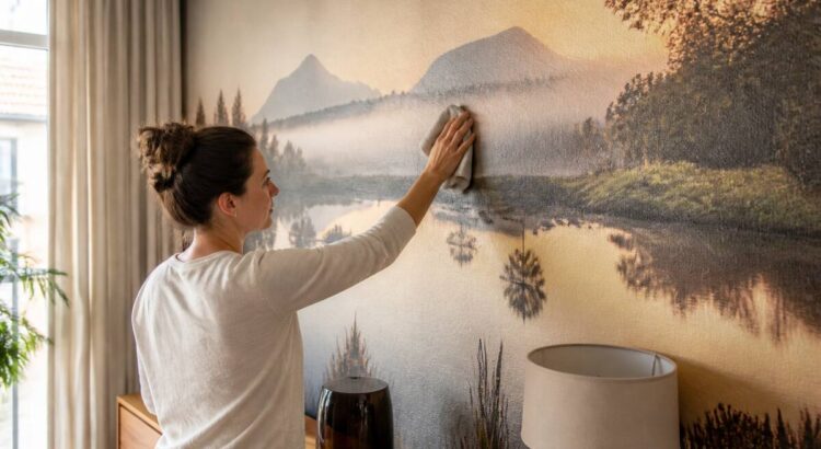 Onderhoud van fotobehang met een zachte microvezeldoek in een woonkamer
