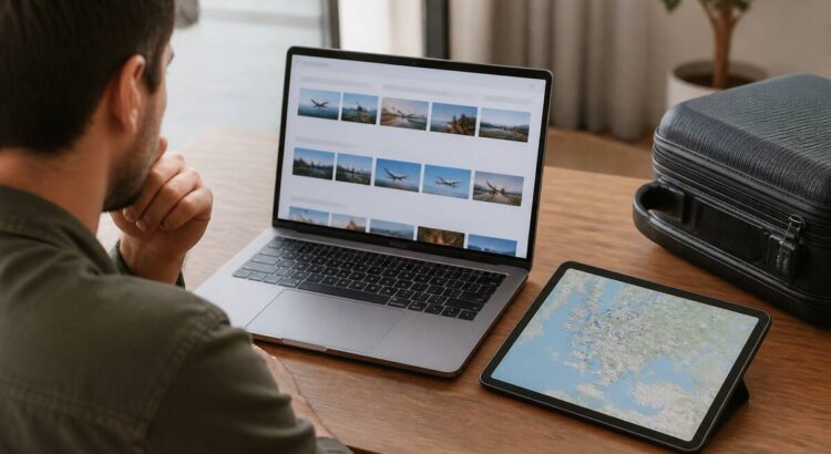 Een realistische reiszoek-situatie aan een bureau met laptop en reisaccessoires (zonder tekst in beeld)