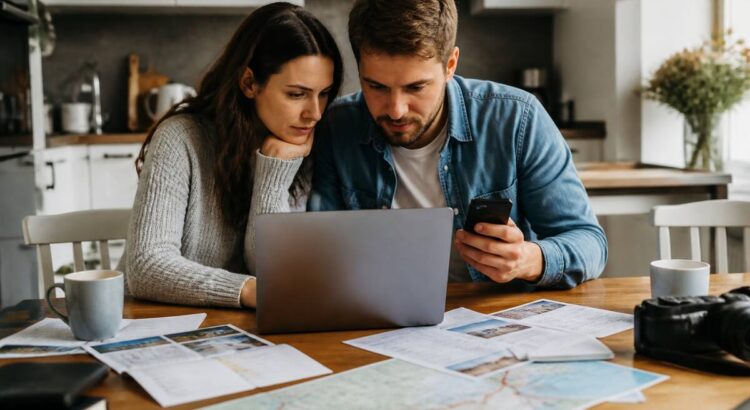 Koppel vergelijkt vakanties op een laptop en smartphone aan de keukentafel