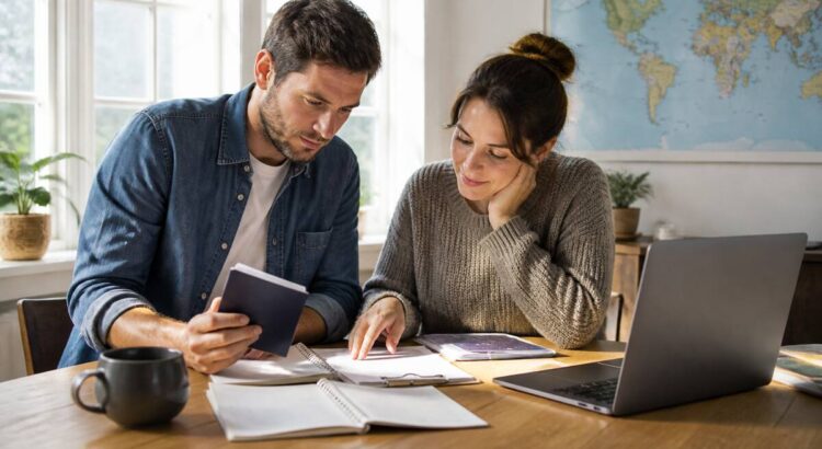 Stel met laptop en reisplanner die een vakantie-checklist gebruikt