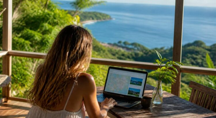 Iemand vergelijkt vakanties op een laptop met uitzicht op zee